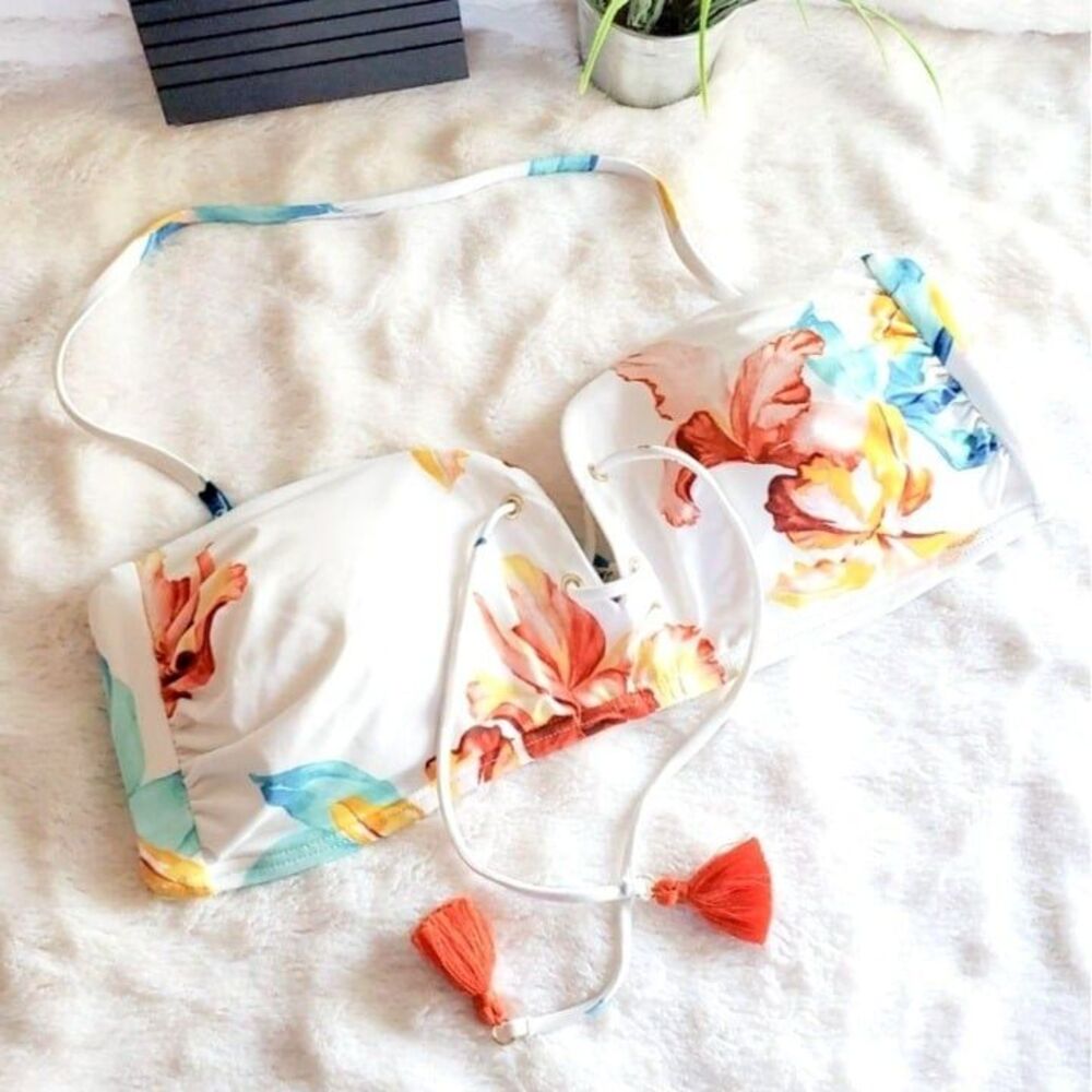 BAR III Womens Swim Suit Top White L Floral Padded Halter Bikini Top NWOT